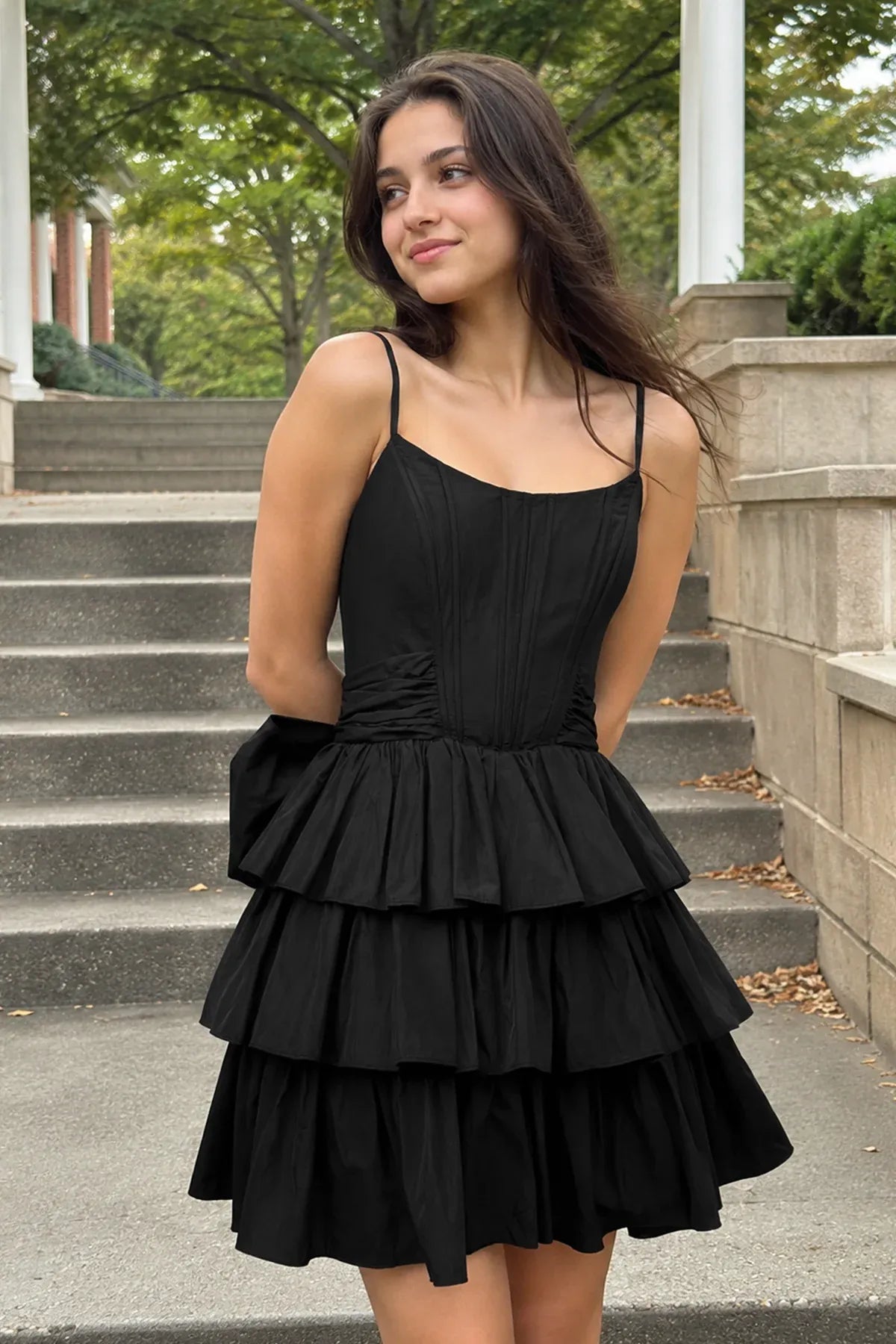 Chic A-Line Spaghetti Straps Ruffled Bow-Back Black Short Homecoming Dress