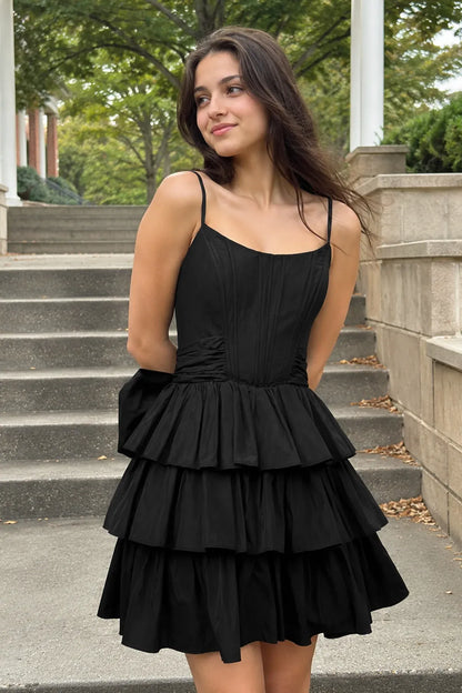 Chic A-Line Spaghetti Straps Ruffled Bow-Back Black Short Homecoming Dress