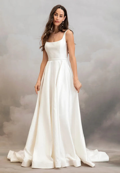Chic A-Line Square-Neck Sleeveless Backless Bow Ivory Maxi Wedding Dresses Bride