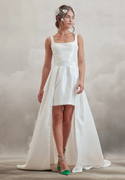 Chic A-Line Square-Neck Sleeveless Beaded Overskirt White High-Low Wedding Dresses Bridal Gowns