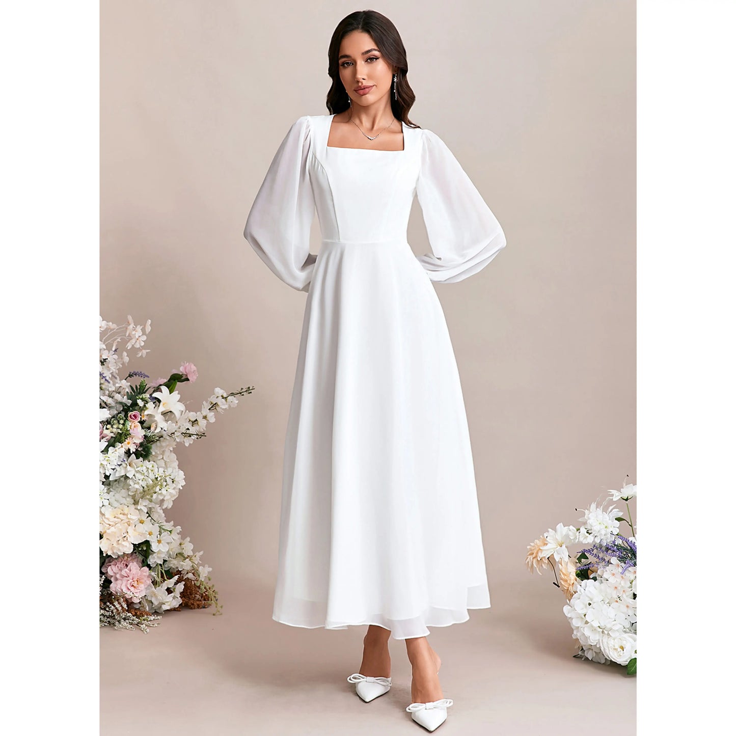 Chic A-Line Square Neck Long Sleeve White Midi Wedding Gown for Brides