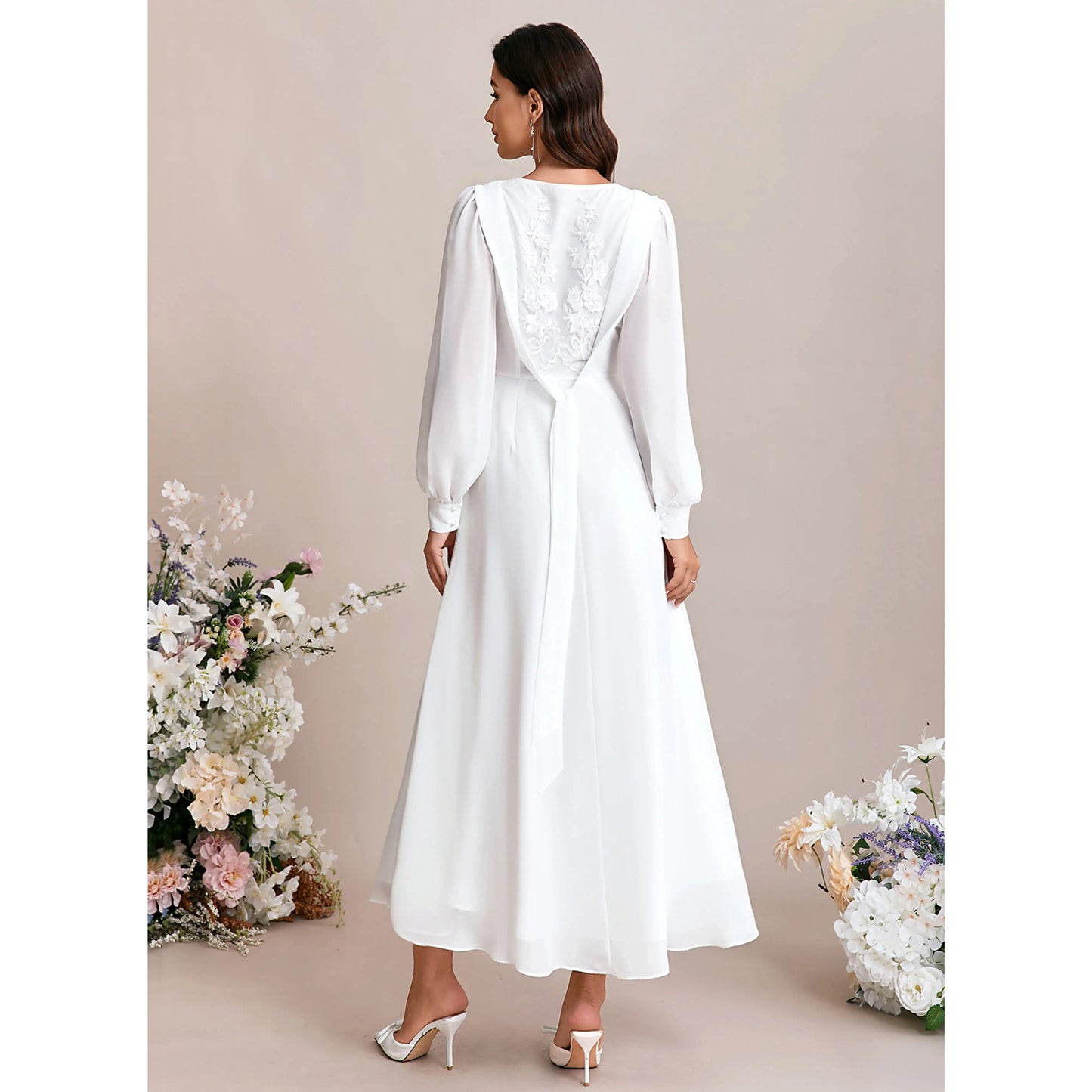 Chic A-Line Square Neck Long Sleeve White Midi Wedding Gown for Brides