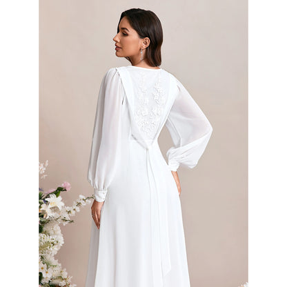 Chic A-Line Square Neck Long Sleeve White Midi Wedding Gown for Brides