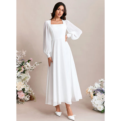 Chic A-Line Square Neck Long Sleeve White Midi Wedding Gown for Brides
