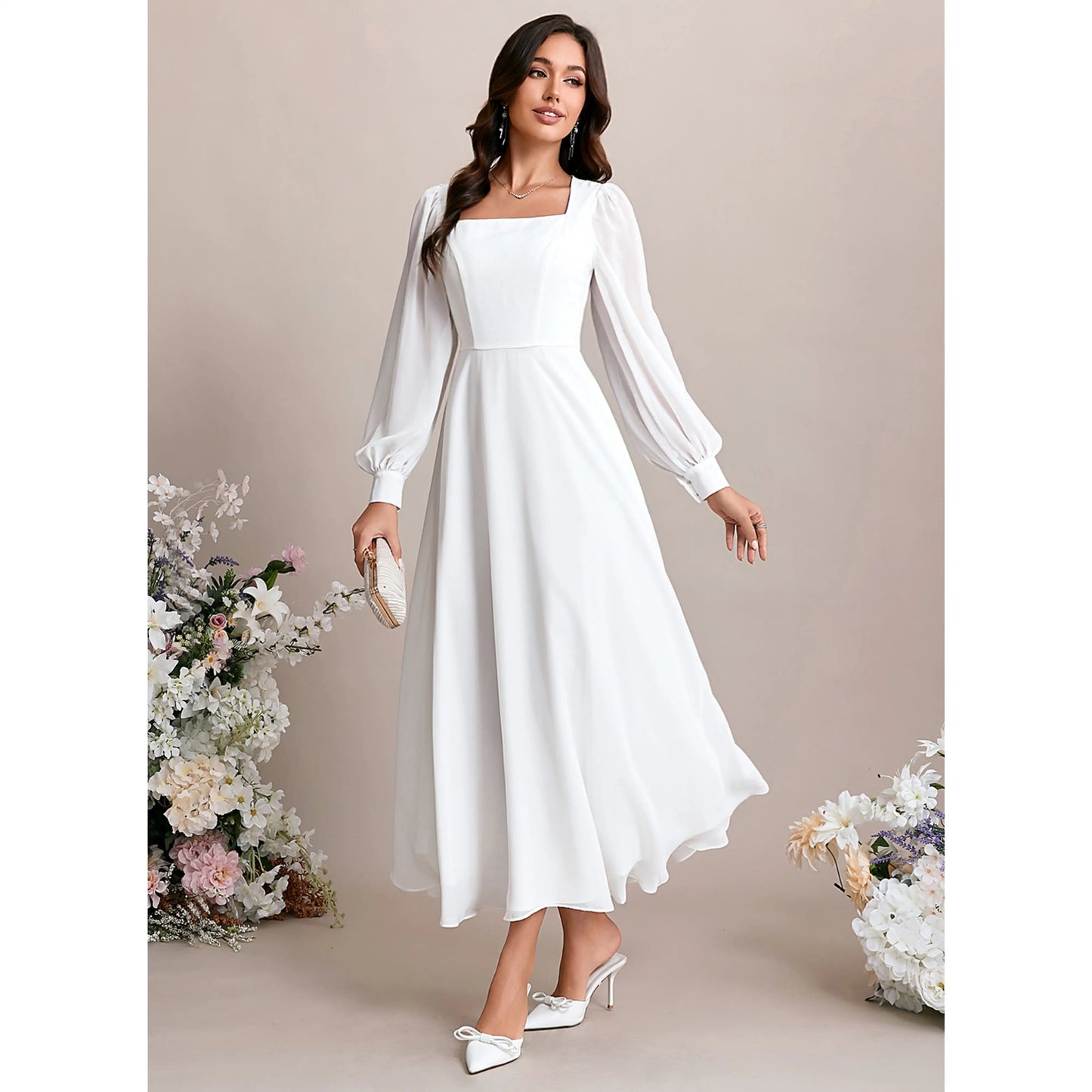 Chic A-Line Square Neck Long Sleeve White Midi Wedding Gown for Brides