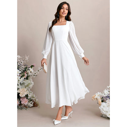 Chic A-Line Square Neck Long Sleeve White Midi Wedding Gown for Brides