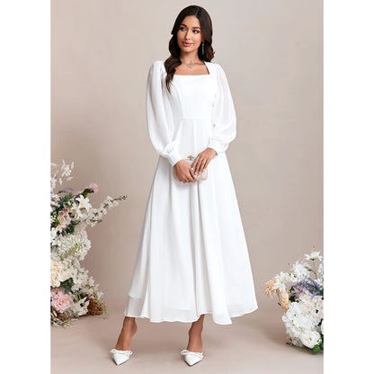 Chic A-Line Square Neck Long Sleeve White Midi Wedding Gown for Brides