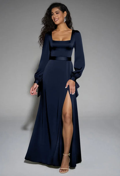 Chic A-Line Square Neck Sleeved High Slit Navy Bridesmaid Dress Gown