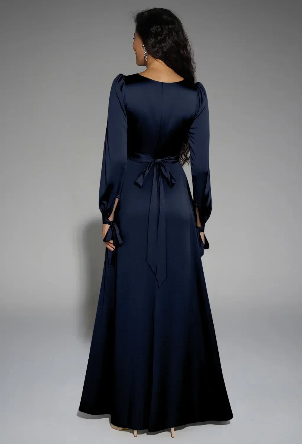 Chic A-Line Square Neck Sleeved High Slit Navy Bridesmaid Dress Gown