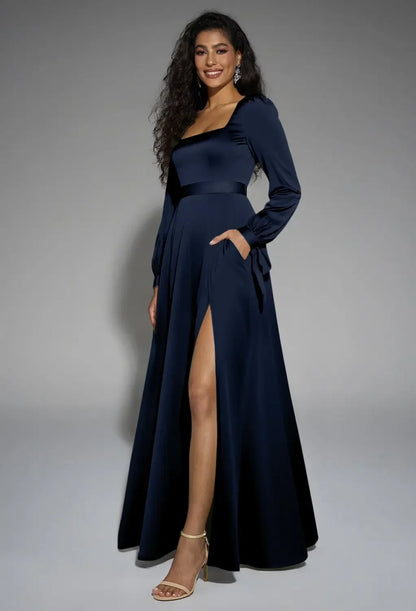 Chic A-Line Square Neck Sleeved High Slit Navy Bridesmaid Dress Gown
