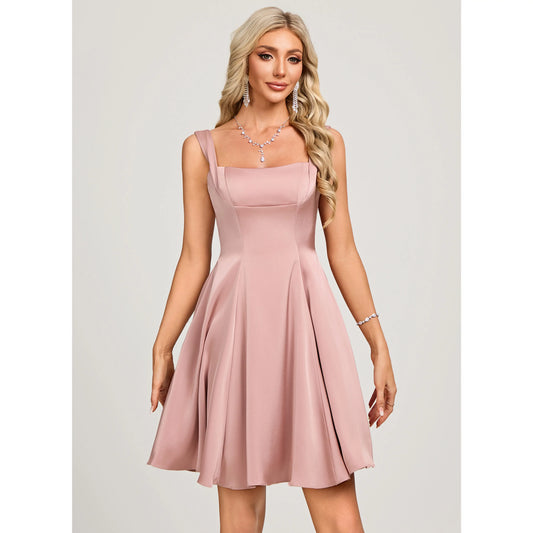 Chic A-Line Square Neck Sleeveless Backless Bow Dusty Pink Short Homecoming Dress