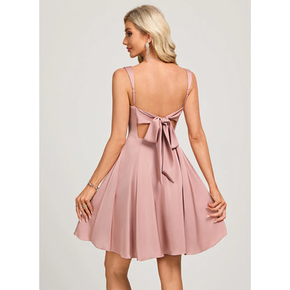 Chic A-Line Square Neck Sleeveless Backless Bow Dusty Pink Short Homecoming Dress