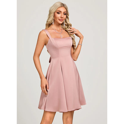 Chic A-Line Square Neck Sleeveless Backless Bow Dusty Pink Short Homecoming Dress