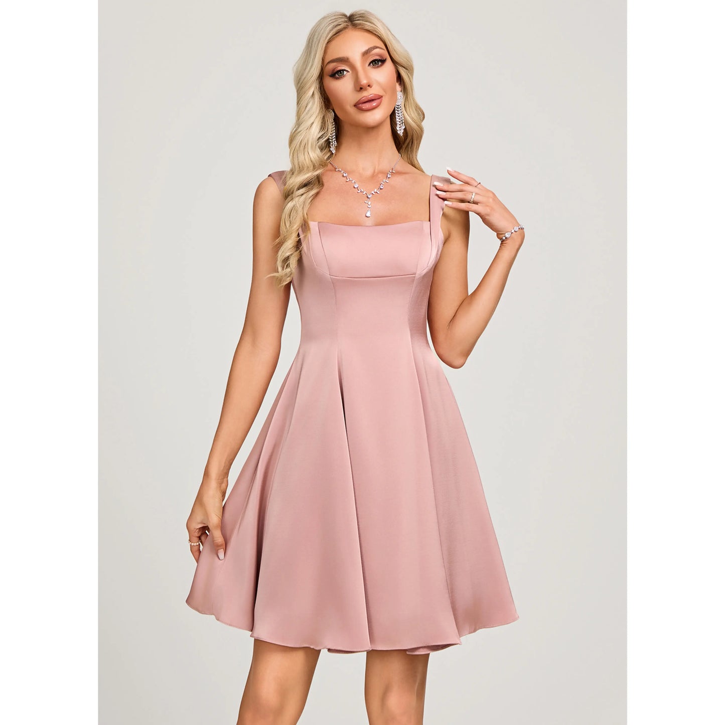 Chic A-Line Square Neck Sleeveless Backless Bow Dusty Pink Short Homecoming Dress