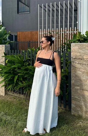 Chic A-Line Square Neck Sleeveless Color Block Maxi Prom Dress Women