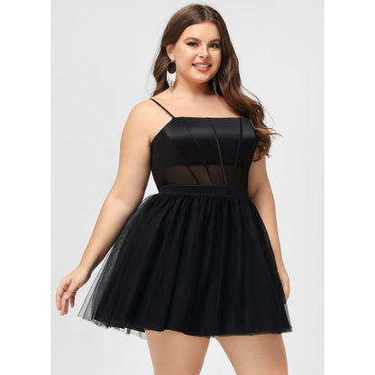 Chic A-Line Square Neck Sleeveless Corset Bodice Black Short Homecoming Dresses Plus Size