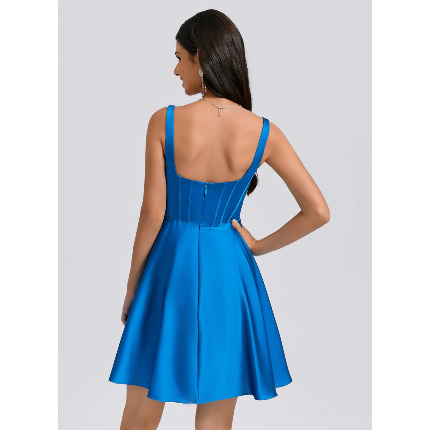 Chic A-Line Square Neck Sleeveless Corset Flared Blue Short Homecoming Dress