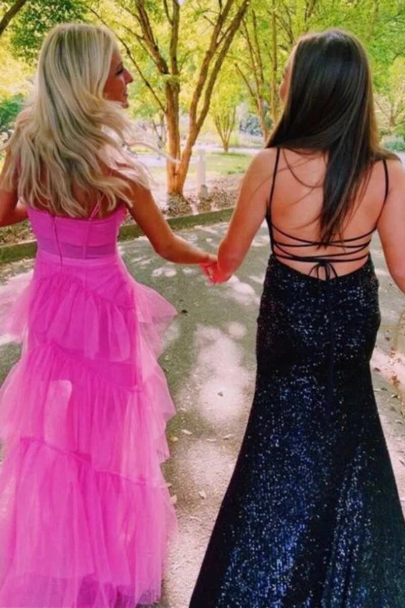 Chic A-Line Square Neck Sleeveless Corset Tiered Pink Prom Dresses Gown