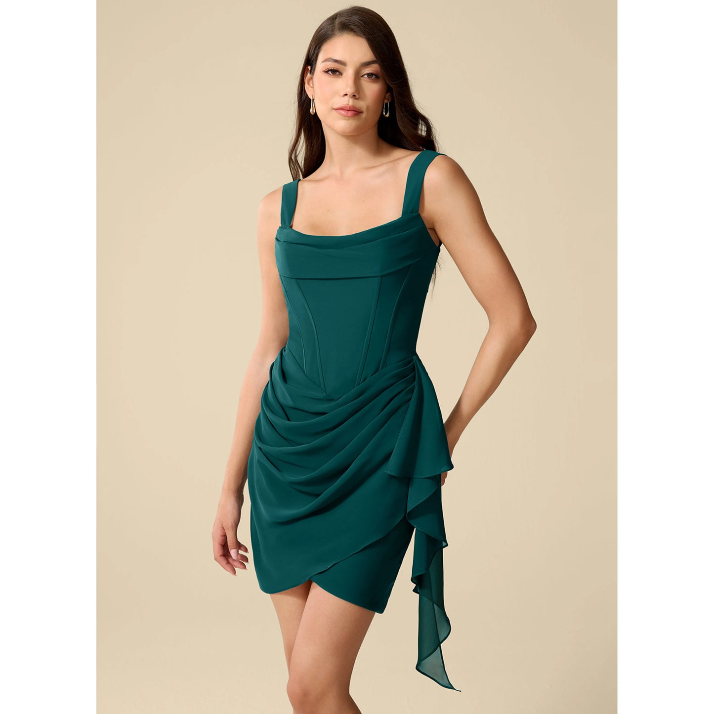 Chic A-Line Square Neck Sleeveless Draped Ruched Emerald Short Homecoming Dress