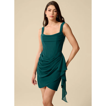 Chic A-Line Square Neck Sleeveless Draped Ruched Emerald Short Homecoming Dress