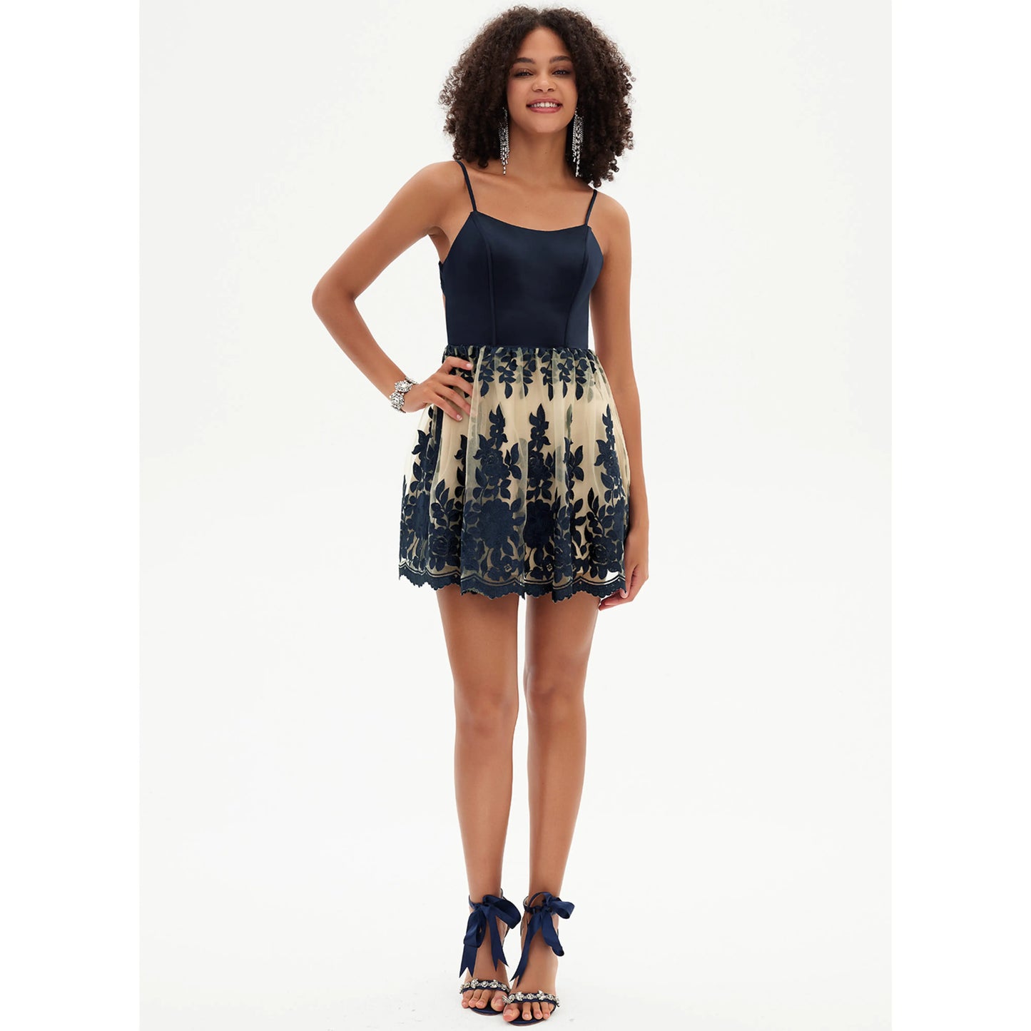 Chic A-Line Square Neck Sleeveless Embroidered Backless Navy Blue Short Homecoming Dress