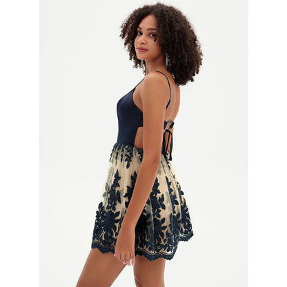 Chic A-Line Square Neck Sleeveless Embroidered Backless Navy Blue Short Homecoming Dress