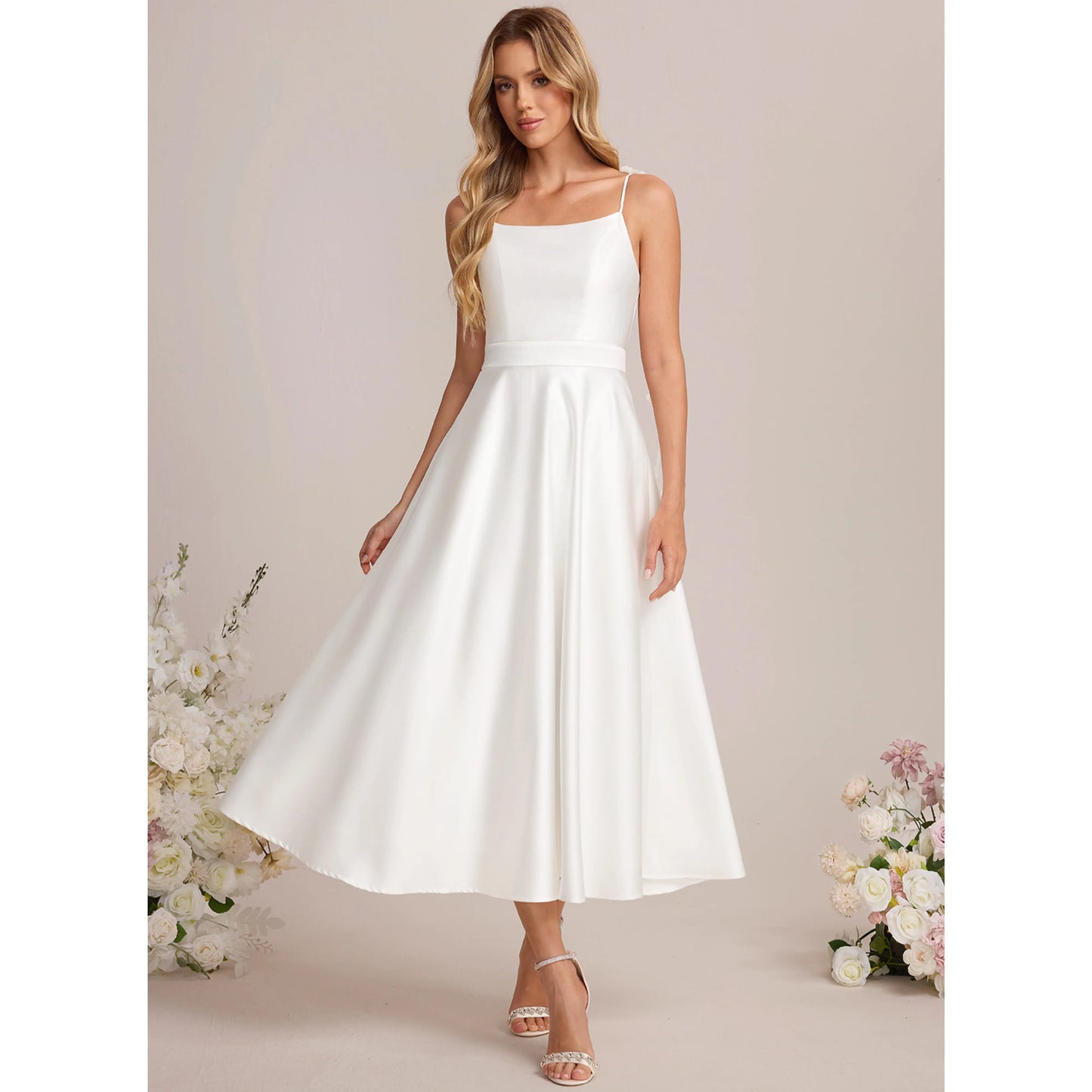 Chic A-Line Square Neck Sleeveless Minimalist White Midi Wedding Dress for Brides