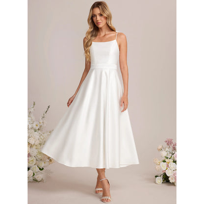 Chic A-Line Square Neck Sleeveless Minimalist White Midi Wedding Dress for Brides