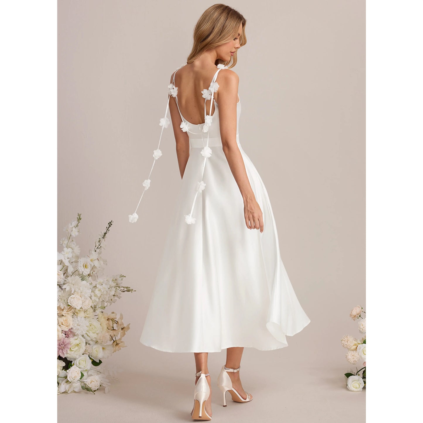 Chic A-Line Square Neck Sleeveless Minimalist White Midi Wedding Dress for Brides