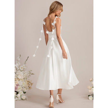 Chic A-Line Square Neck Sleeveless Minimalist White Midi Wedding Dress for Brides