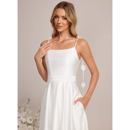 Chic A-Line Square Neck Sleeveless Minimalist White Midi Wedding Dress for Brides