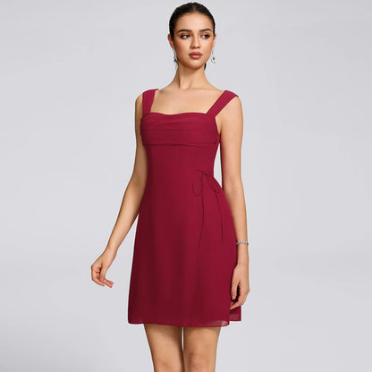 Chic A-Line Square Neck Sleeveless Pleated Backless Burgundy Short Homecoming Dress