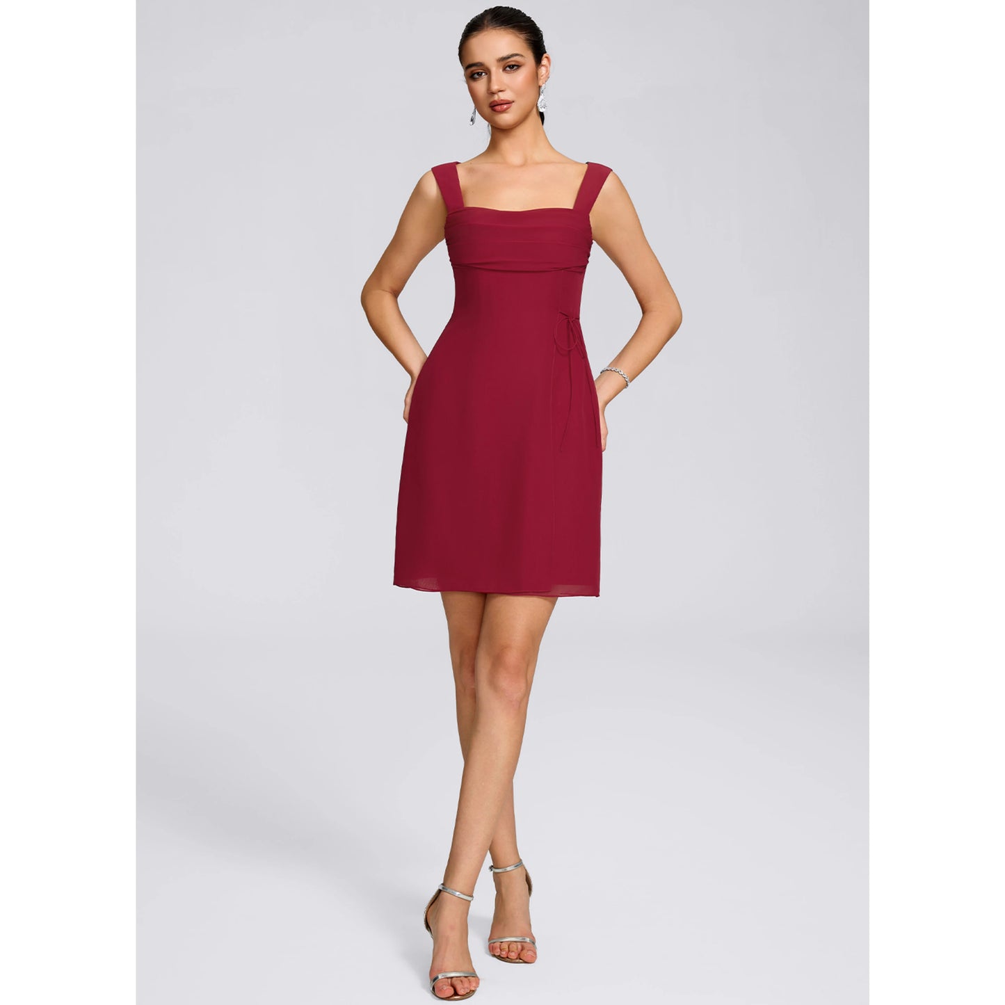 Chic A-Line Square Neck Sleeveless Pleated Backless Burgundy Short Homecoming Dress