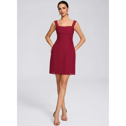 Chic A-Line Square Neck Sleeveless Pleated Backless Burgundy Short Homecoming Dress