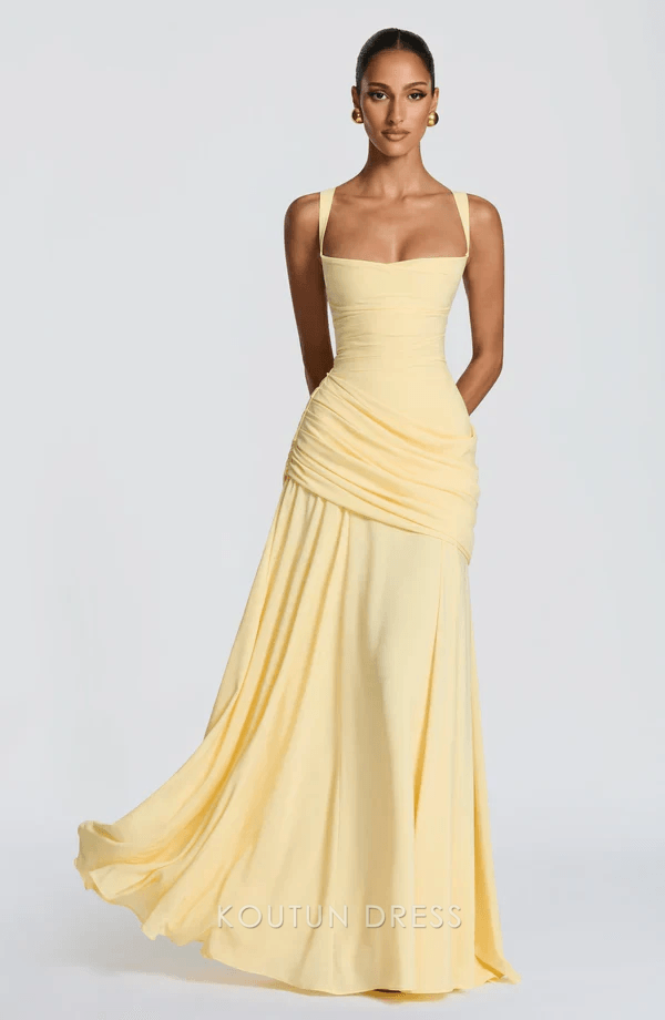Chic A-Line Square Neck Sleeveless Ruched Corset Pale Yellow Floor-Length Prom Dress