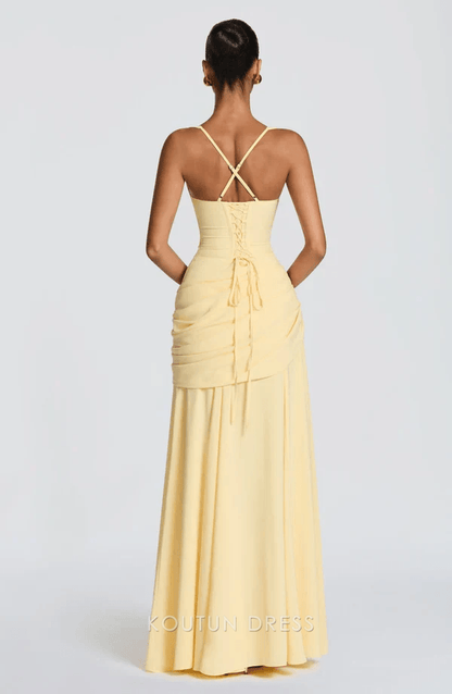 Chic A-Line Square Neck Sleeveless Ruched Corset Pale Yellow Floor-Length Prom Dress