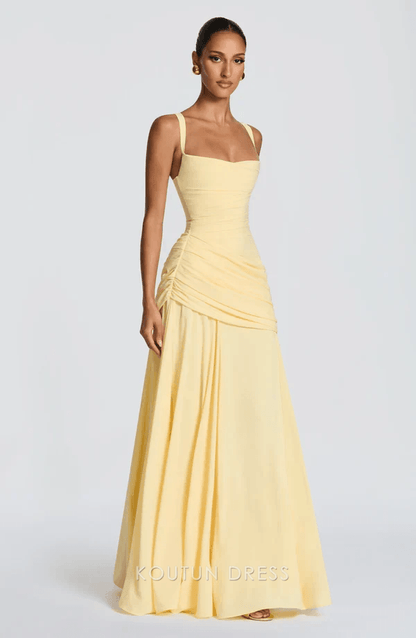Chic A-Line Square Neck Sleeveless Ruched Corset Pale Yellow Floor-Length Prom Dress