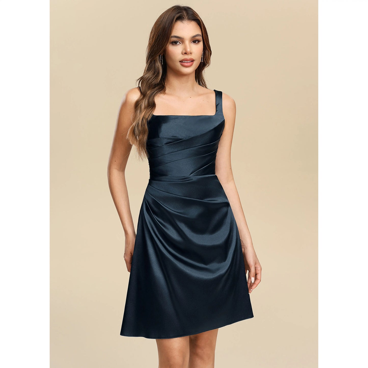 Chic A-Line Square Neck Sleeveless Ruched Elegant Dark Teal Short Homecoming Dress