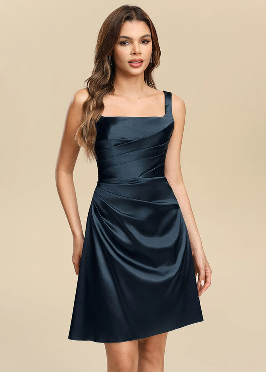 Chic A-Line Square Neck Sleeveless Ruched Elegant Dark Teal Short Homecoming Dress