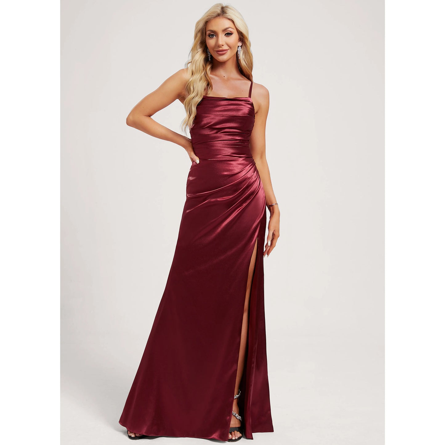 Chic A-Line Square Neck Sleeveless Ruched Slit Burgundy Floor-Length Prom Dress