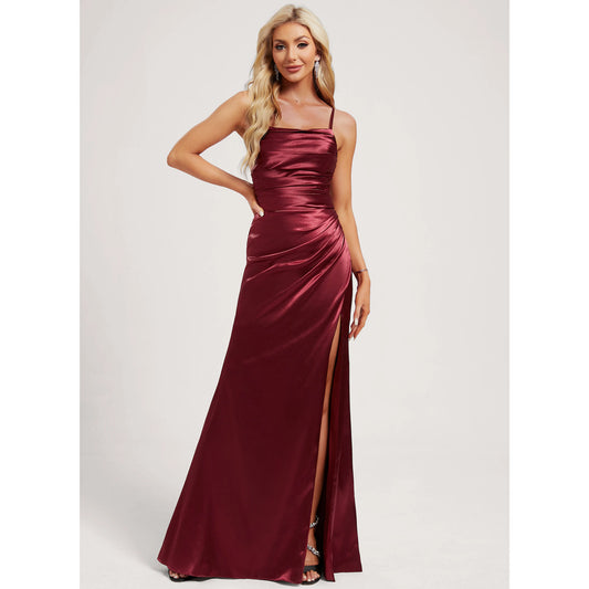 Chic A-Line Square Neck Sleeveless Ruched Slit Burgundy Floor-Length Prom Dress