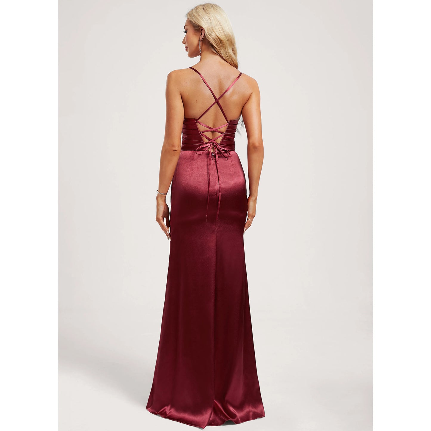 Chic A-Line Square Neck Sleeveless Ruched Slit Burgundy Floor-Length Prom Dress