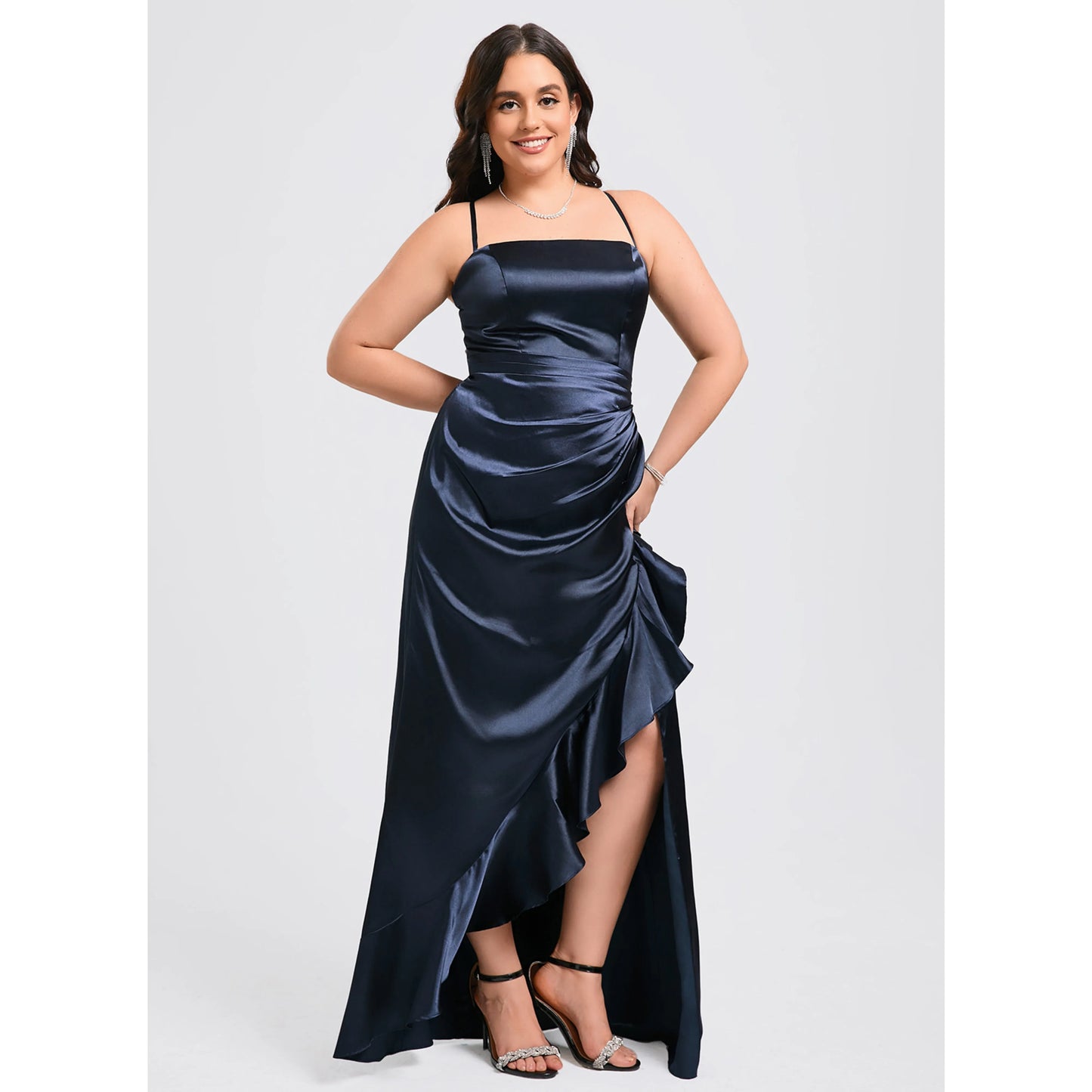 Chic A-Line Square Neck Sleeveless Ruched Slit Navy Blue Floor-Length Prom Dress
