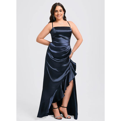 Chic A-Line Square Neck Sleeveless Ruched Slit Navy Blue Floor-Length Prom Dress