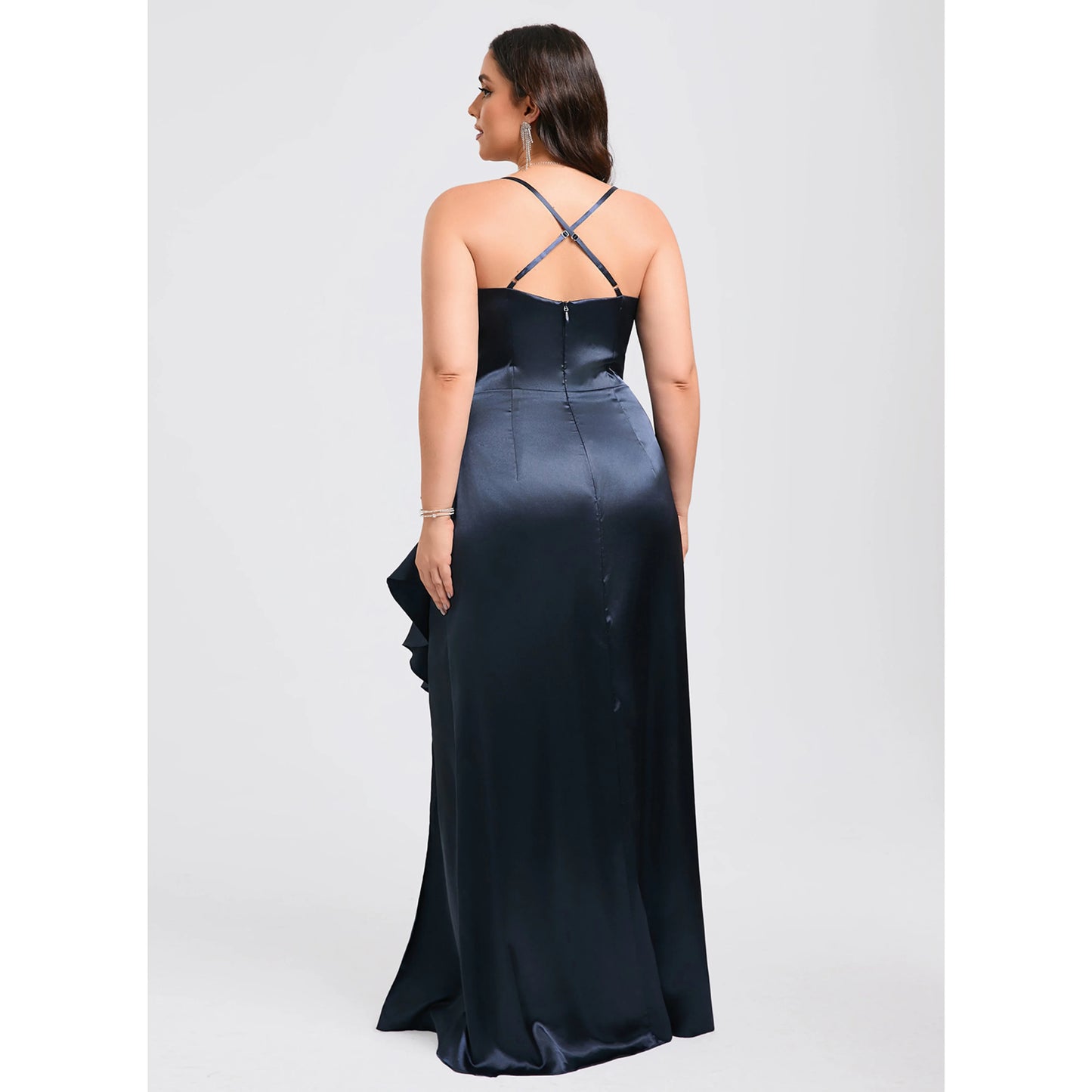 Chic A-Line Square Neck Sleeveless Ruched Slit Navy Blue Floor-Length Prom Dress