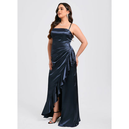 Chic A-Line Square Neck Sleeveless Ruched Slit Navy Blue Floor-Length Prom Dress