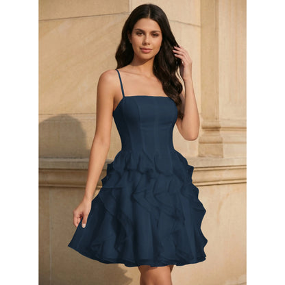 Chic A-Line Square Neck Sleeveless Ruffled Navy Blue Short Homecoming Dresses