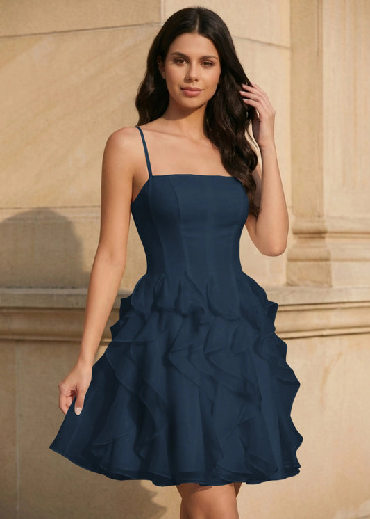 Chic A-Line Square Neck Sleeveless Ruffled Navy Blue Short Homecoming Dresses
