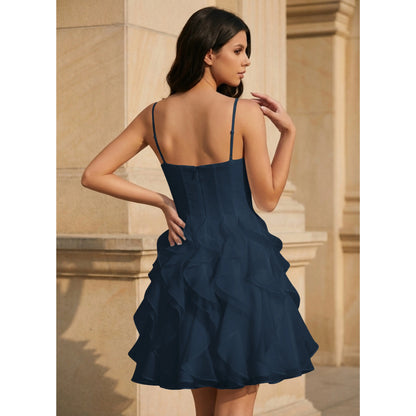 Chic A-Line Square Neck Sleeveless Ruffled Navy Blue Short Homecoming Dresses