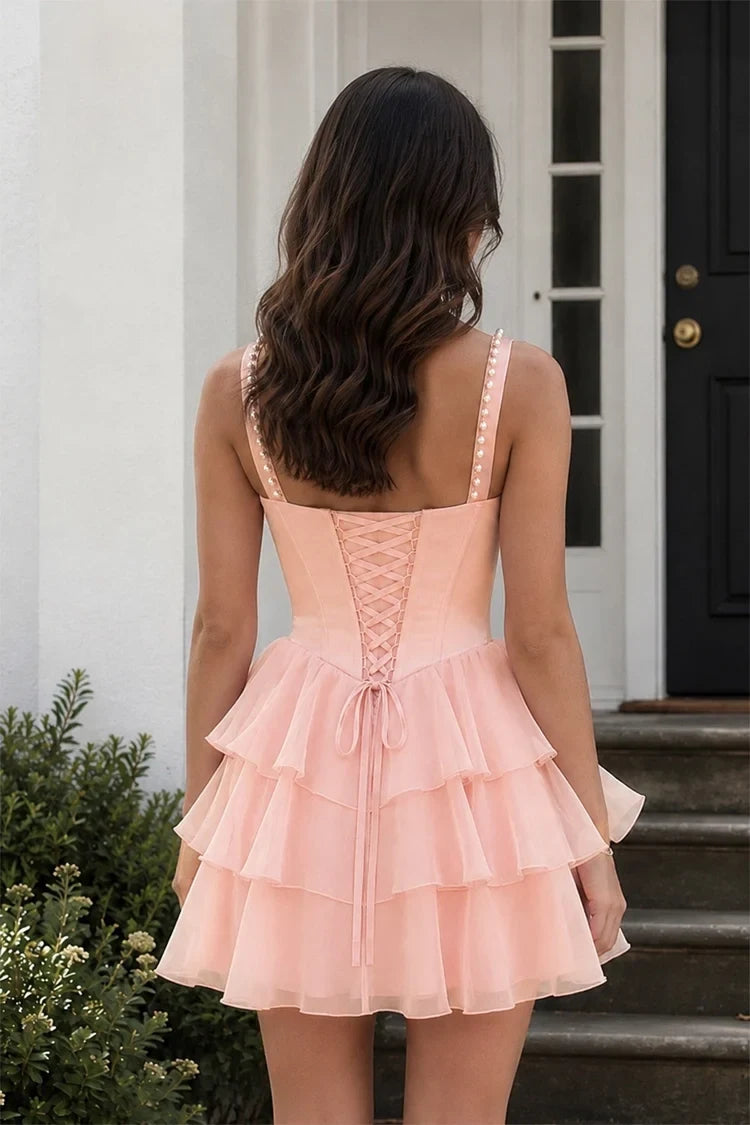 Chic A-Line Square Neck Sleeveless Tiered Pearl Rose Pink Short Homecoming Dress